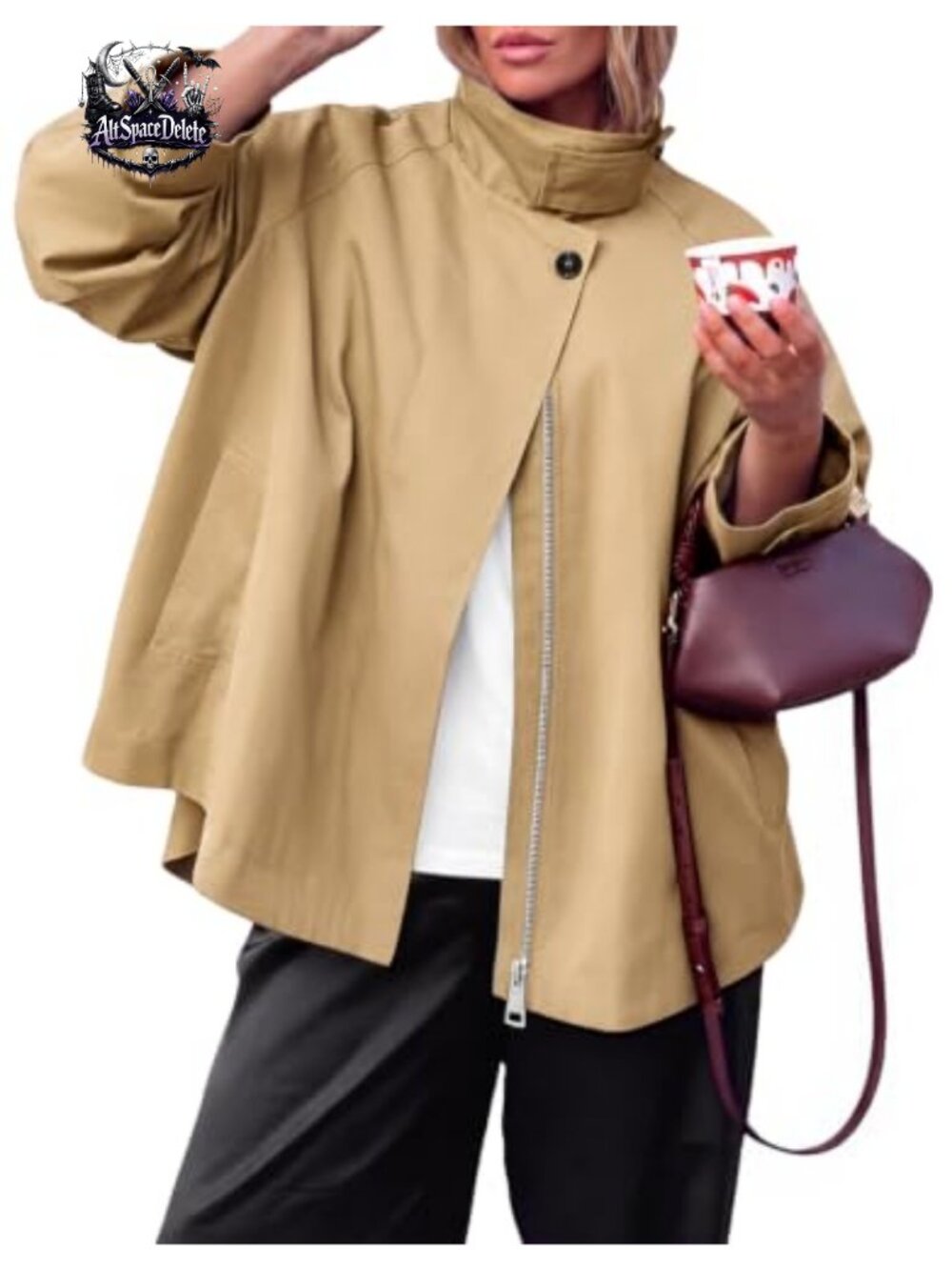 Womens Oversized Trench Coat Stand Collar Button Front Long Sleeve Casual Fall
